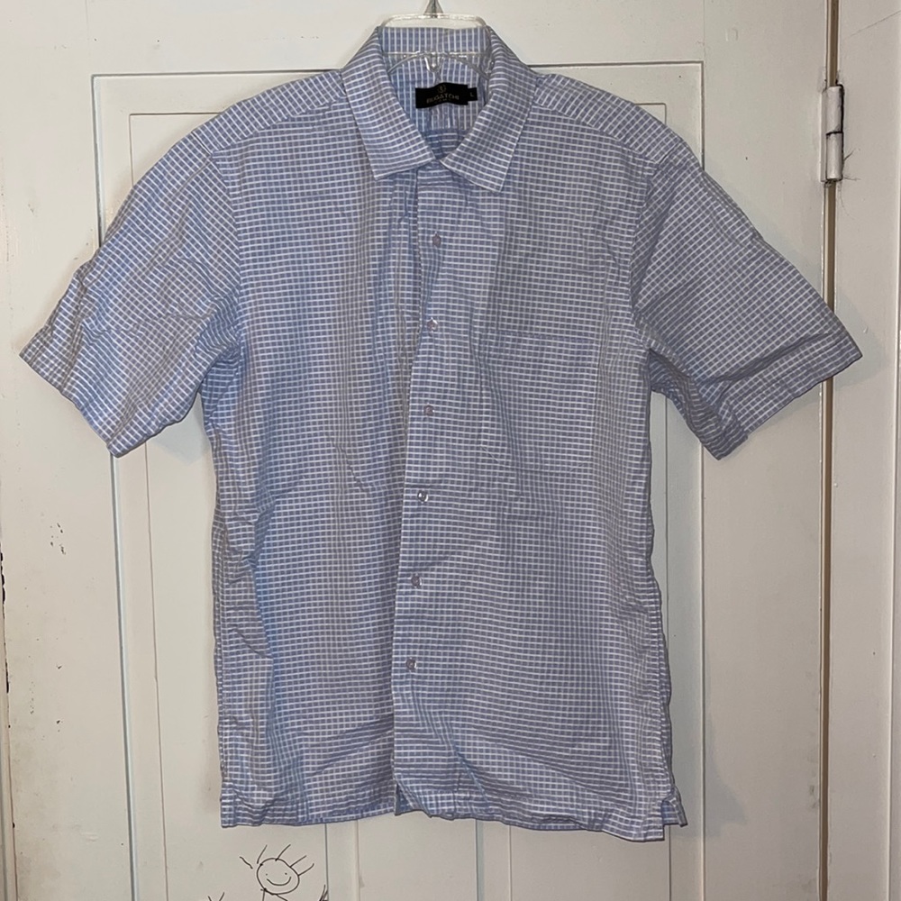 BUGATCHI Vomo Short sleeve button front| Large | Light blue checkered